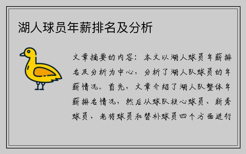 湖人球员年薪排名及分析
