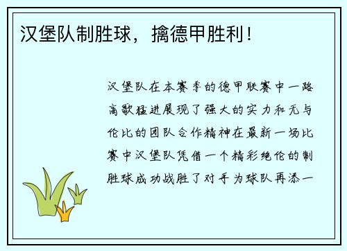 汉堡队制胜球，擒德甲胜利！